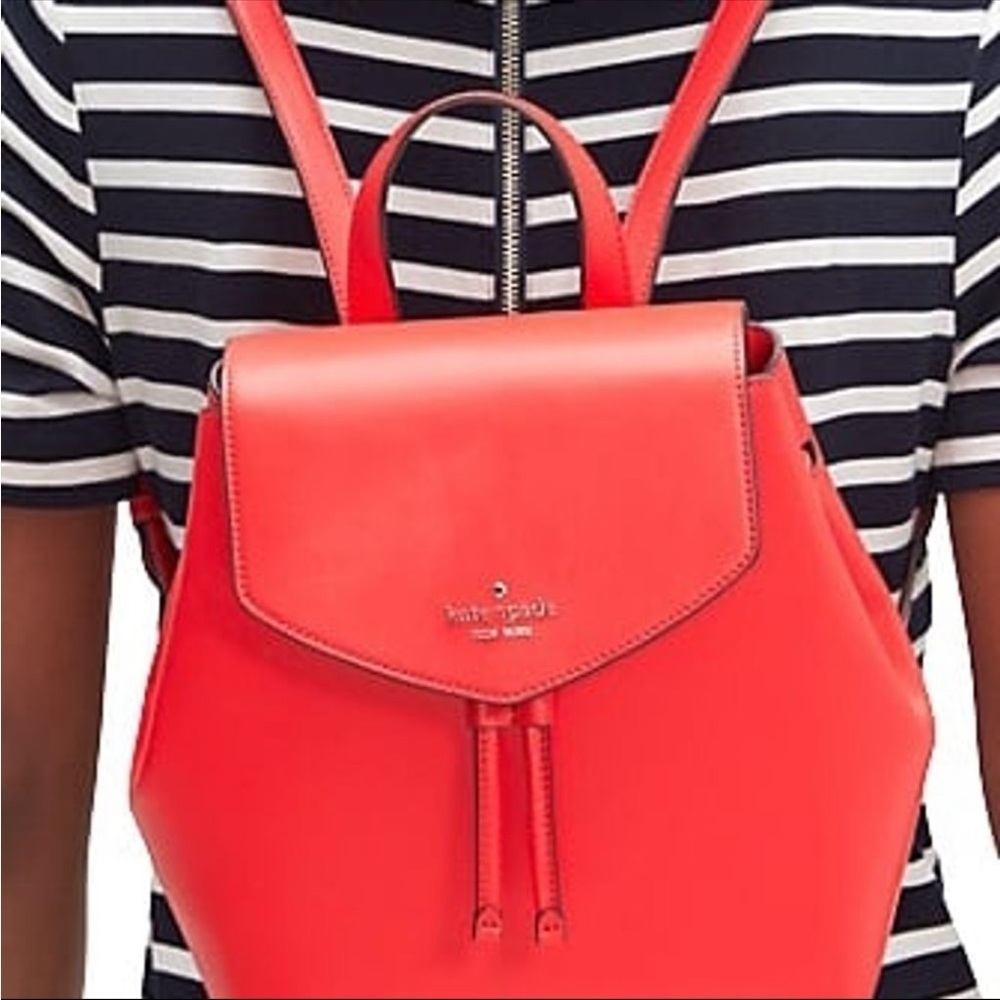 KATE SPADE Lizze Medium Backpack Drawstring Flap Geranium Red Leather WKR00345